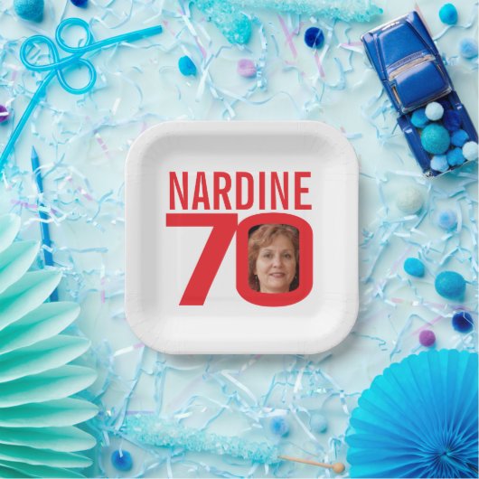 70歳の誕生日に明るい赤の白70カスタム枚の写真 ペーパープレート (パーティー)