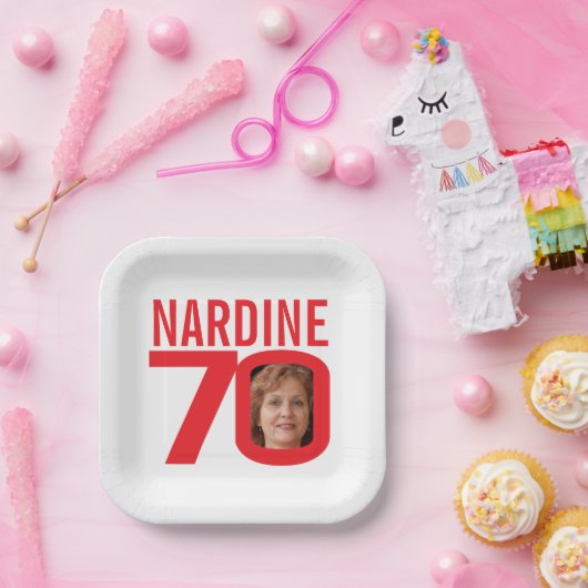 70歳の誕生日に明るい赤の白70カスタム枚の写真 ペーパープレート (パーティー)
