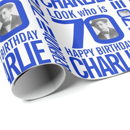 70歳の誕生日に青いルック70カスタムの写真と名前 ラッピングペーパー (ロールコーナー)