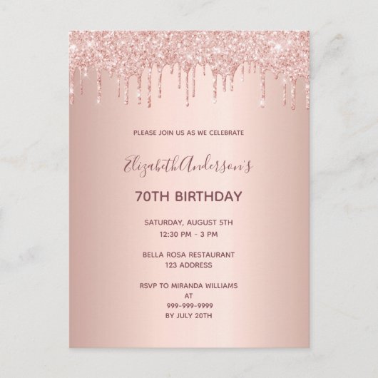 70歳の誕生日のバラ金ゴールドグリッタードリップ招待状 ポストカード (正面)