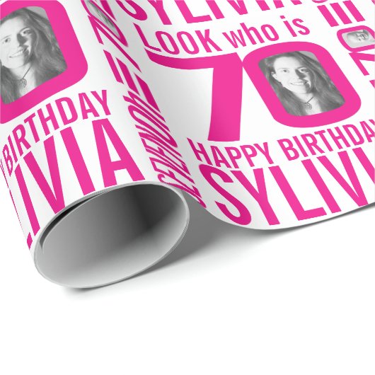 70歳の誕生日のピンク色の写真70カスタムの写真名 ラッピングペーパー (ロールコーナー)