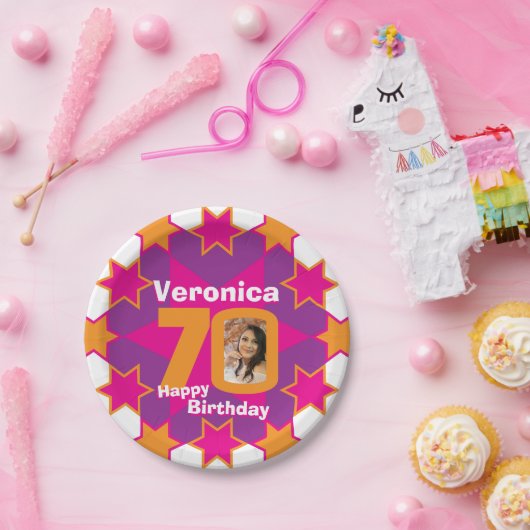 70歳の誕生日の写真の名前ピンクのスター紙プレート ペーパープレート (パーティー)