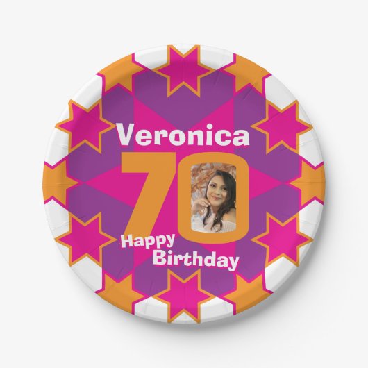70歳の誕生日の写真の名前ピンクのスター紙プレート ペーパープレート (正面)