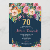 70歳の誕生日の招待フローラ水彩海軍 招待状 (正面/裏面)