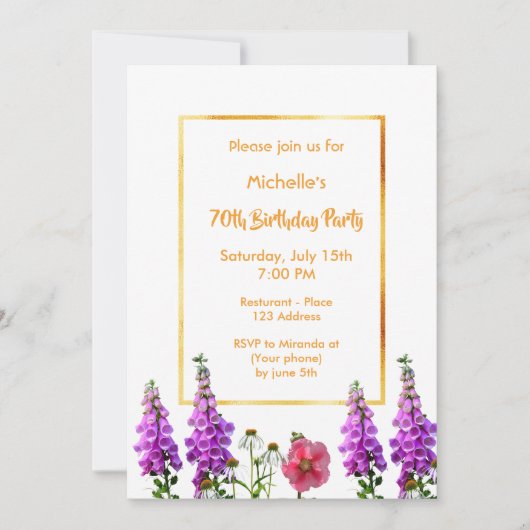 70歳の誕生日の花紫色の白い金ゴールド 招待状 (正面)