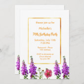 70歳の誕生日の花紫色の白い金ゴールド 招待状 (正面/裏面)