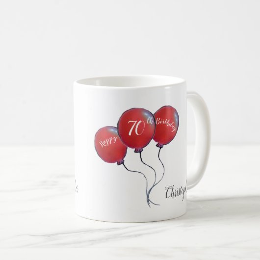 70歳の誕生日の赤い風船のプレゼント コーヒーマグカップ (正面右)