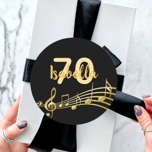 70歳の誕生日の金ゴールド音楽ノートエレガントブラック ラウンドシール