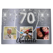 70歳の誕生日の銀のグリッターダストフォトモノグラム ラージペーパーバッグ (正面)