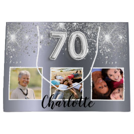70歳の誕生日の銀のグリッターダストフォトモノグラム ラージペーパーバッグ