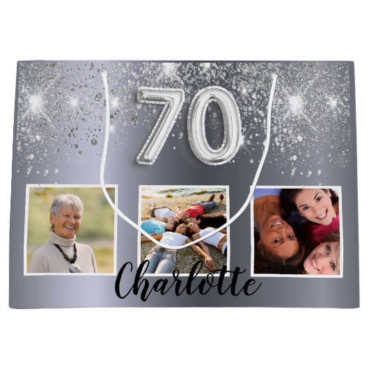 70歳の誕生日の銀のグリッターダストフォトモノグラム ラージペーパーバッグ (正面)