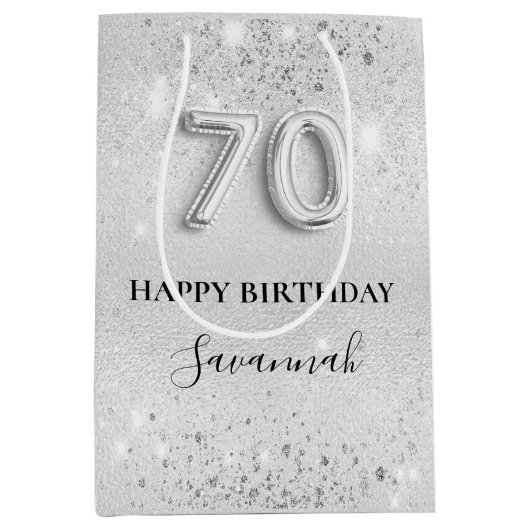 70歳の誕生日の銀のグリッターダストモノグラム ミディアムペーパーバッグ (正面)