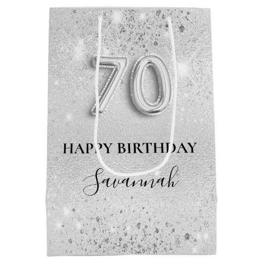 70歳の誕生日の銀のグリッターダストモノグラム ミディアムペーパーバッグ (裏面)