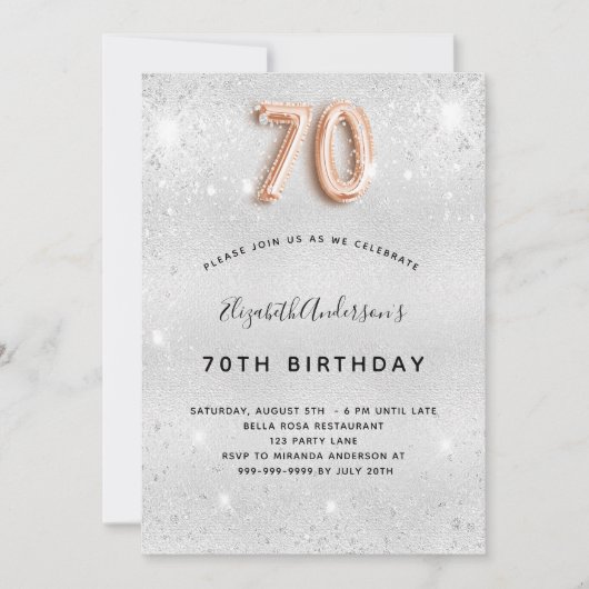 70歳の誕生日の銀のバラ金ゴールドが輝く 招待状 (正面)