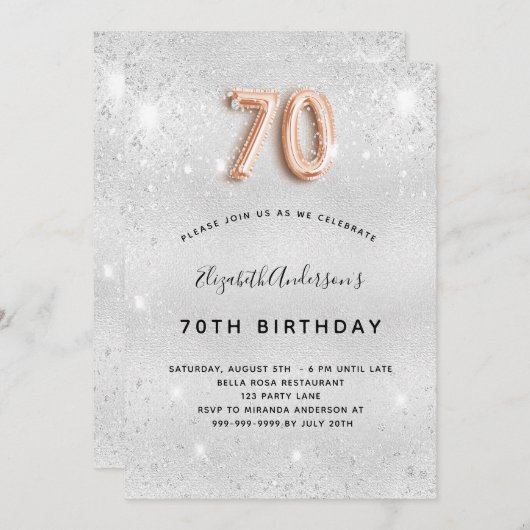 70歳の誕生日の銀のバラ金ゴールドが輝く 招待状 (正面/裏面)