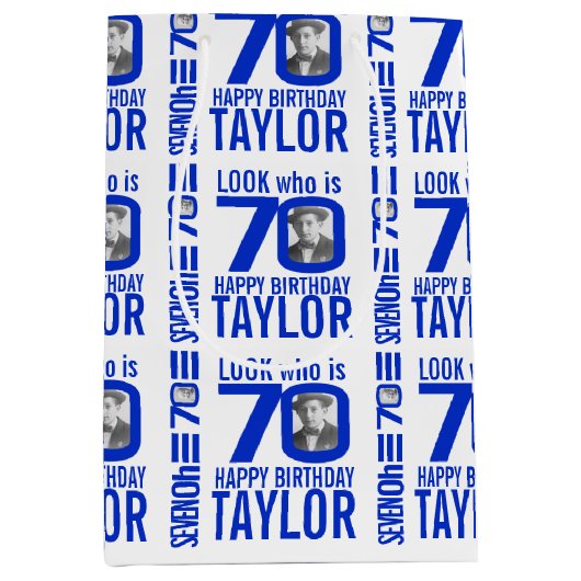 70歳の誕生日の青いルック70カスタムの写真名 ミディアムペーパーバッグ (正面)