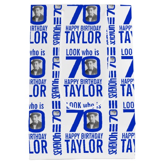 70歳の誕生日の青いルック70カスタムの写真名 ミディアムペーパーバッグ (裏面)