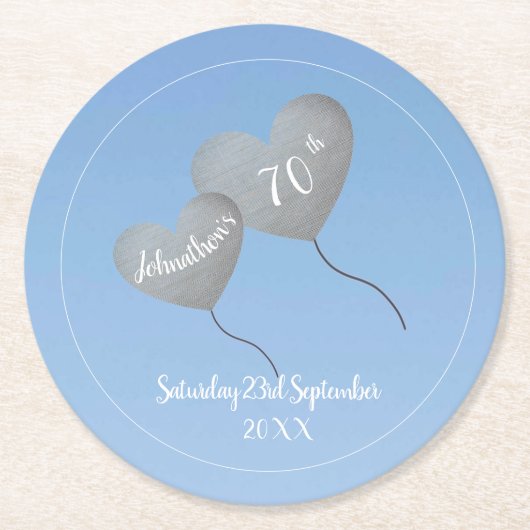 70歳の誕生日の青空と銀のバルーン ラウンドペーパーコースター (正面)