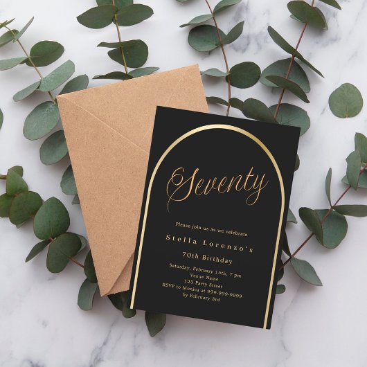 70歳の誕生日の黒い金ゴールドのアーチスクリプエレガントト 招待状