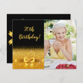 70歳の誕生日の黒い金ゴールドカスタム写真エレガント 招待状 (正面/裏面)