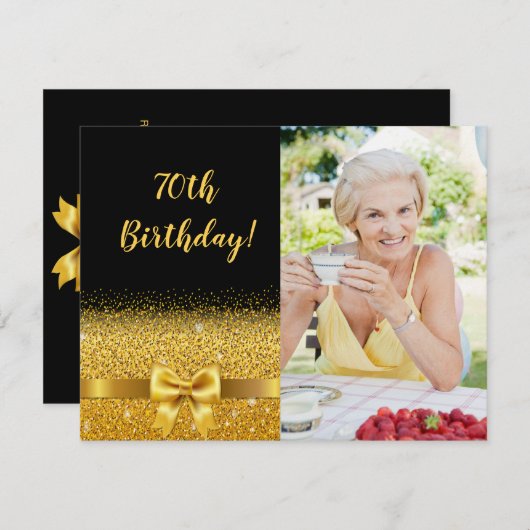 70歳の誕生日の黒い金ゴールドカスタム写真エレガント 招待状 (正面/裏面)