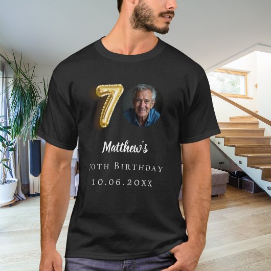 70歳の誕生日の黒い金ゴールド写真 Tシャツ