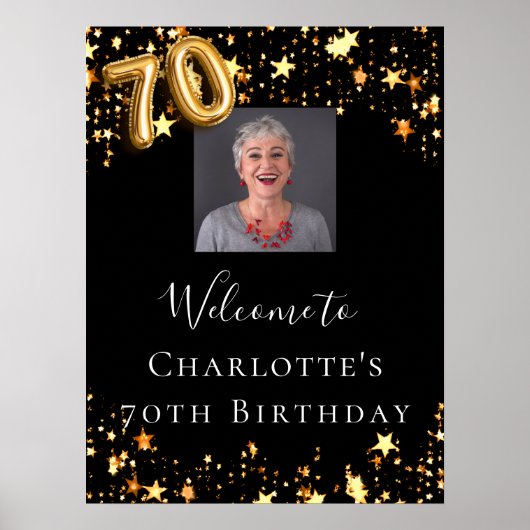 70歳の誕生日の黒い金ゴールド星写真ようこそ ポスター (正面)