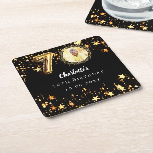 70歳の誕生日の黒い金ゴールド星写真 スクエアペーパーコースター (アングル)