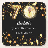 70歳の誕生日の黒い金ゴールド星写真 スクエアペーパーコースター (正面)