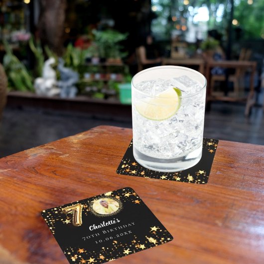 70歳の誕生日の黒い金ゴールド星写真 スクエアペーパーコースター