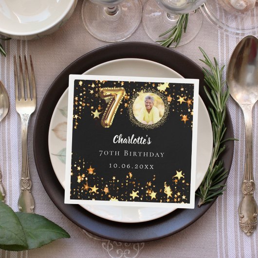 70歳の誕生日の黒い金ゴールド星写真 スタンダードカクテルナプキン