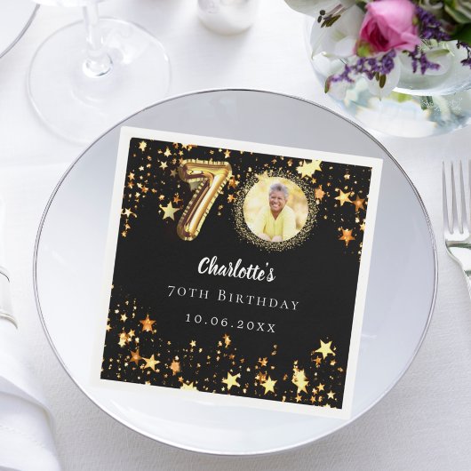 70歳の誕生日の黒い金ゴールド星写真 スタンダードカクテルナプキン