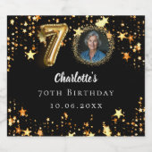 70歳の誕生日の黒い金ゴールド星写真 スパークリングワインラベル (シングルラベル)