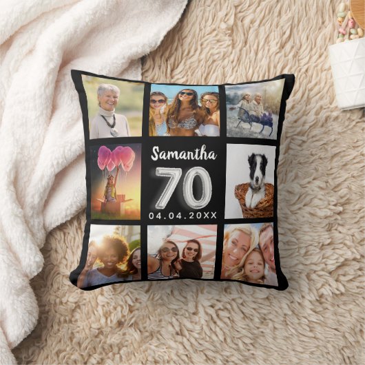 70歳の誕生日の黒銀写真コラージュ クッション (ブランケット)