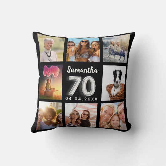 70歳の誕生日の黒銀写真コラージュ クッション (裏面)