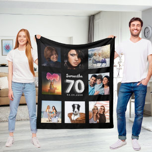 70歳の誕生日の黒銀写真店名 フリースブランケット