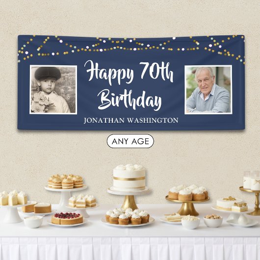 70歳の誕生日を祝うストリングライトの青いフォトバナー 横断幕