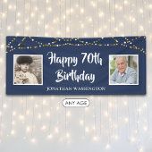 70歳の誕生日を祝うストリングライトの青いフォトバナー 横断幕