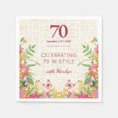 70歳の誕生日を祝う大胆な花柄のリネン調の紙製品 スタンダードカクテルナプキン (正面)