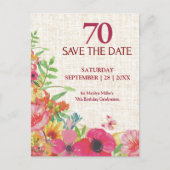 70歳の誕生日を祝う大輪の花の麻柄のSave the Date 案内ポストカード (正面)