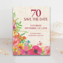 70歳の誕生日を祝う大輪の花の麻柄のSave the Date