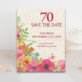 70歳の誕生日を祝う大輪の花の麻柄のSave the Date 案内ポストカード