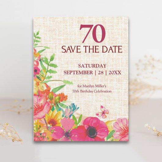 70歳の誕生日を祝う大輪の花の麻柄のSave the Date 案内ポストカード