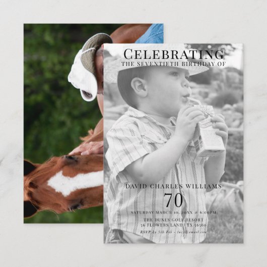 70歳の誕生日を祝う若々しい若者と老人のダブルフォト 招待状 (正面/裏面)