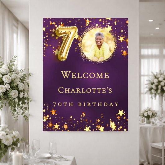 70歳の誕生日を紫と金色の星で華やかに ポスター