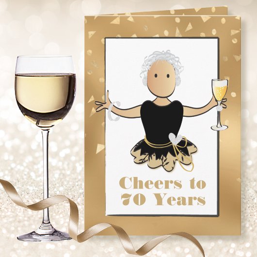 70歳の誕生日を華やかに飾るスパークル女性のキャラクターイラスト カード