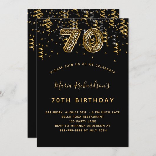 70歳の誕生日を迎える黒い金ゴールドヒョウ 招待状 (正面/裏面)