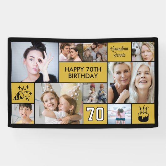 70歳の誕生日カスタムフォトコラージュ ブラックゴールド 横断幕 (横)