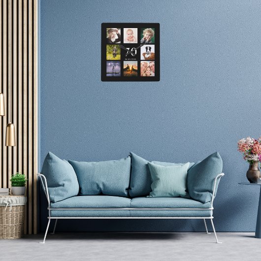 70歳の誕生日カスタム写真コラージュ家族ブラック スクエア壁時計