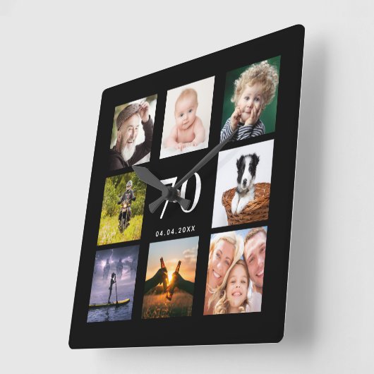 70歳の誕生日カスタム写真コラージュ家族ブラック スクエア壁時計 (傾斜)